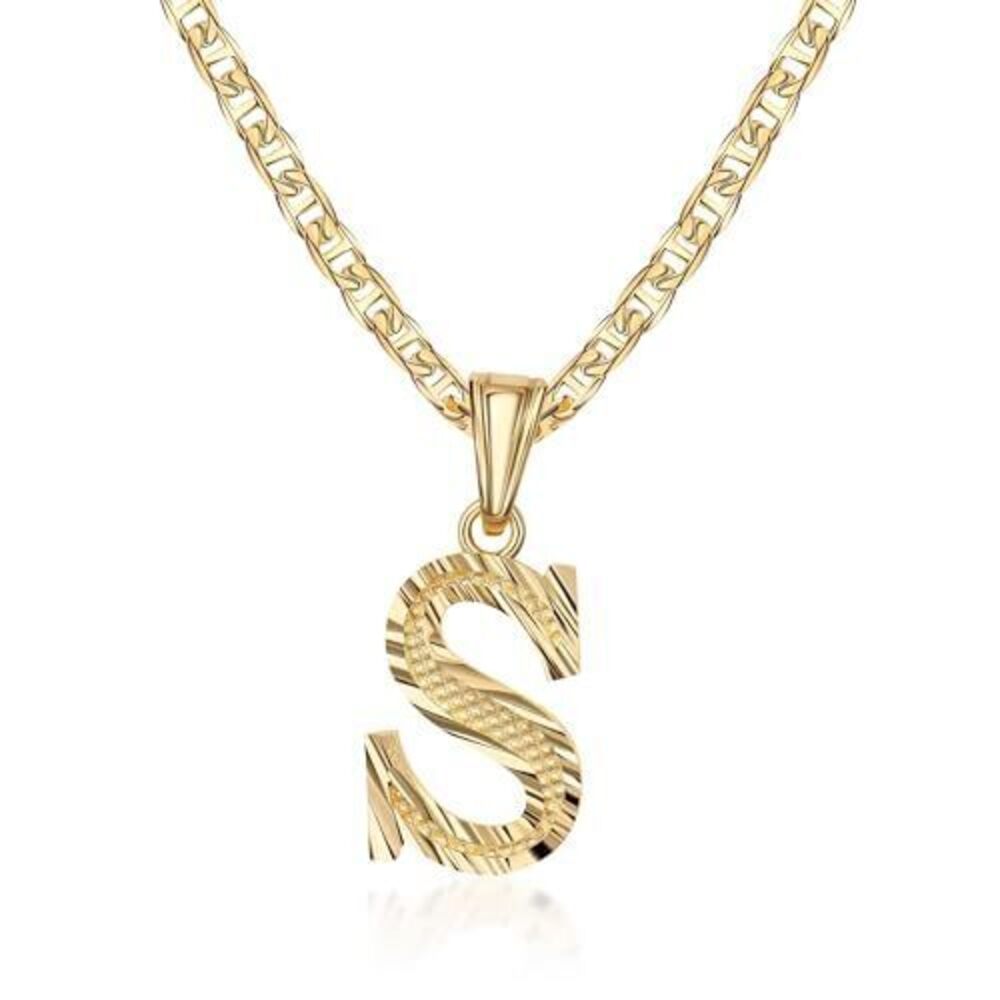 9856 18K Gold Plated Initial Necklace with Diamond Cut Initial,18" Chain